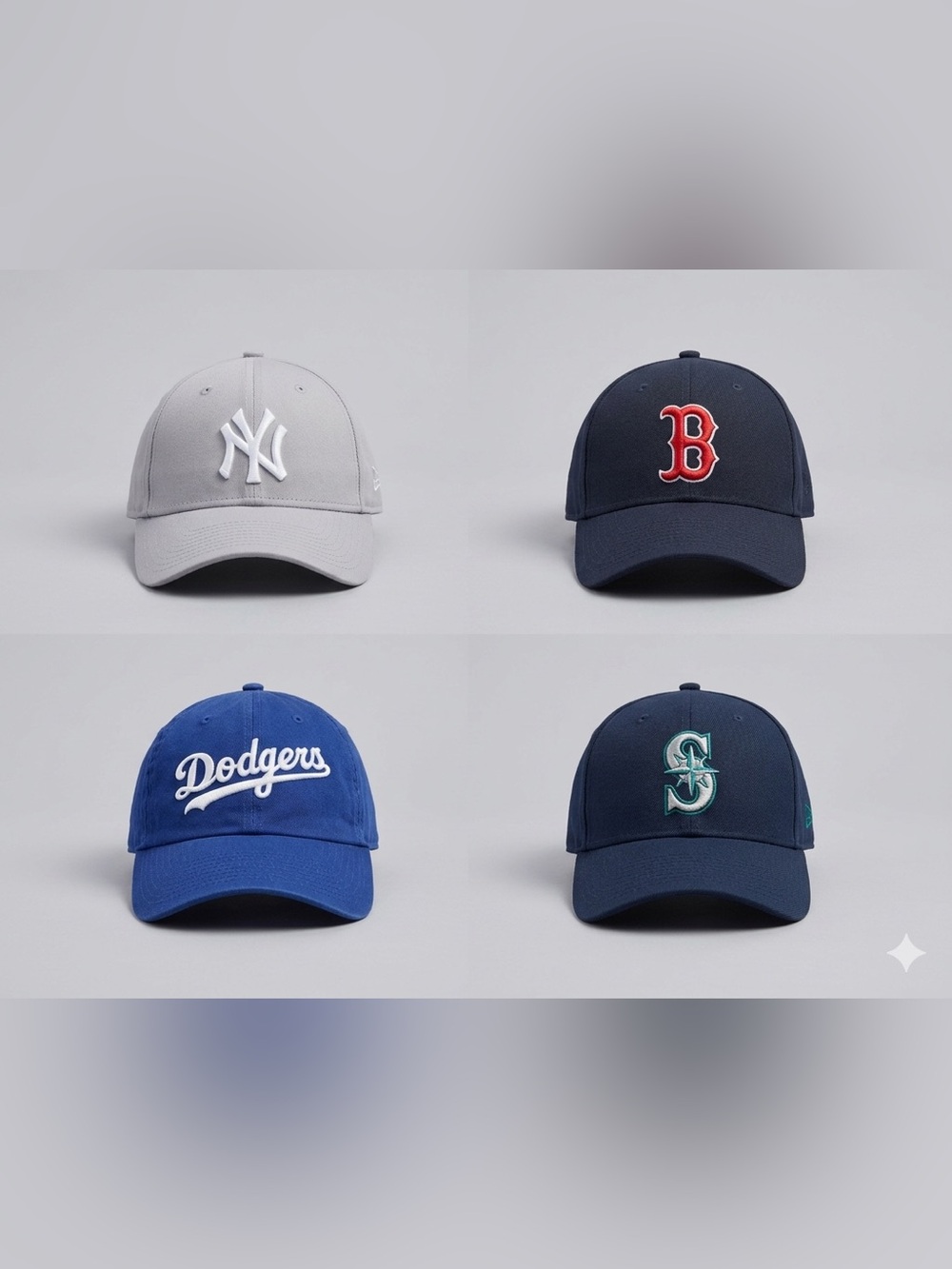 Bundle of 4 MLB Baseball Caps — Yankees, Red Sox, Mariners, Dodgers